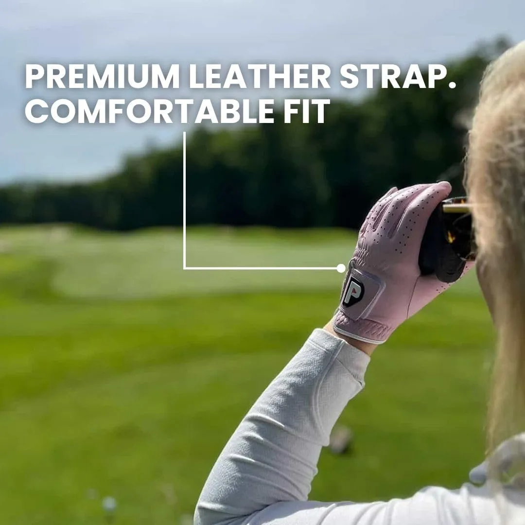 PUR3 Womens Golf Glove Left Hand and Right Hand - 2 Pack Ladies Gloves - Ultra Soft Cabretta Leather - Pastel Blush Pink and White - Extra Grip All Weather