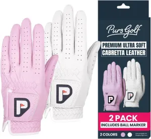 PUR3 Womens Golf Glove Left Hand and Right Hand - 2 Pack Ladies Gloves - Ultra Soft Cabretta Leather - Pastel Blush Pink and White - Extra Grip All Weather