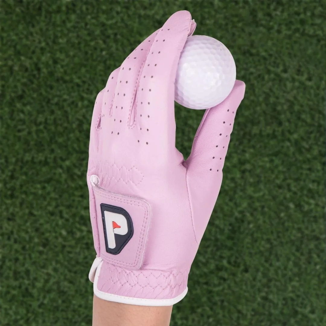 PUR3 Womens Golf Glove Left Hand and Right Hand - 2 Pack Ladies Gloves - Ultra Soft Cabretta Leather - Pastel Blush Pink and White - Extra Grip All Weather
