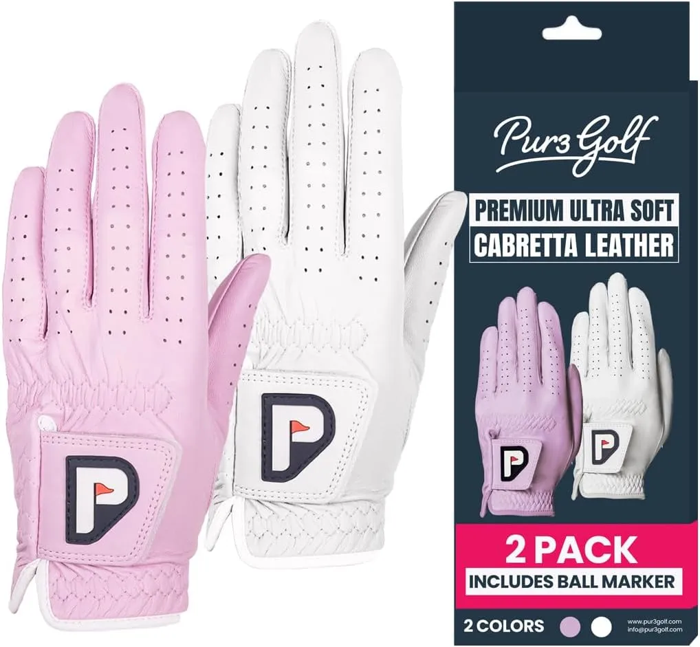 PUR3 Womens Golf Glove Left Hand and Right Hand - 2 Pack Ladies Gloves - Ultra Soft Cabretta Leather - Pastel Blush Pink and White - Extra Grip All Weather