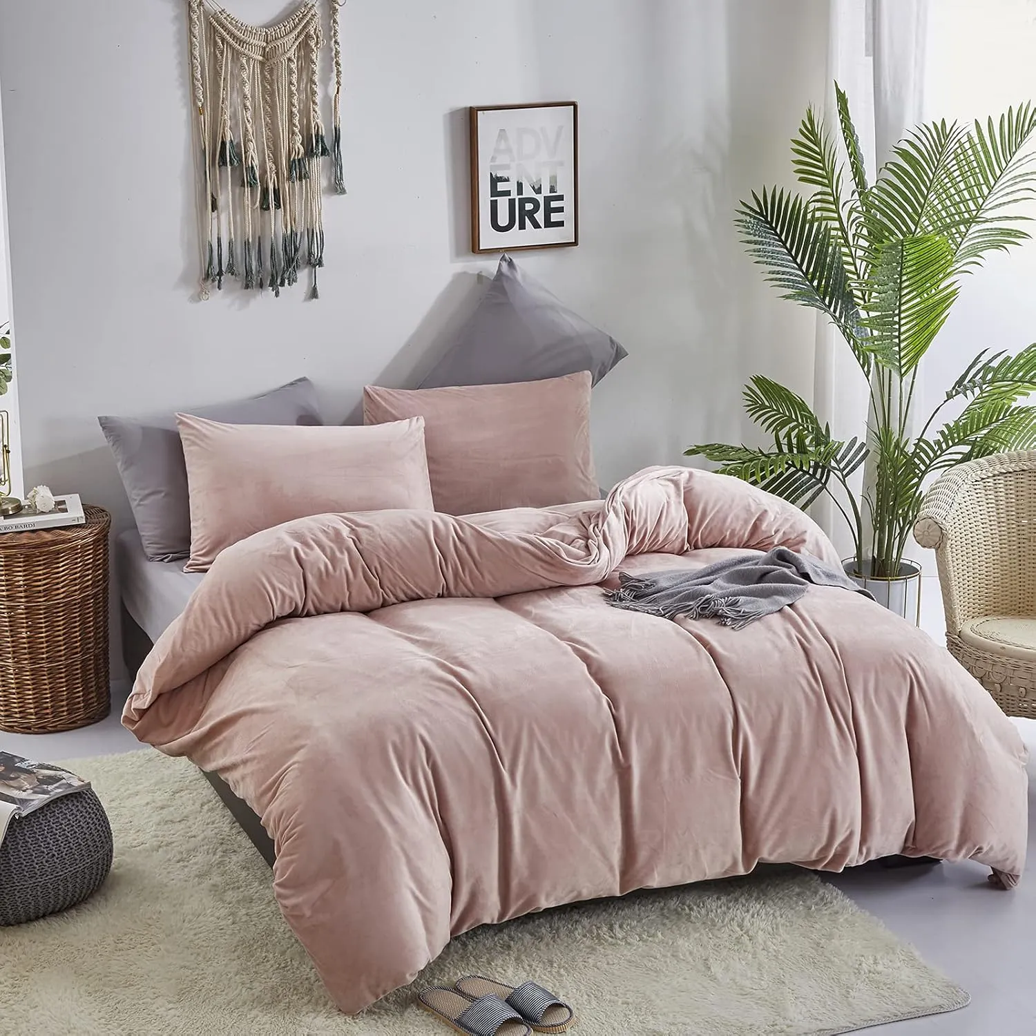 Pureant Pink Velvet Comforter Sets King Women Girls Blush Pink Fluffy Bedding Comforters Adults Teens Cute Dusty Pink Winter Quilts Solid Light Red Flannel Quilt Bean Pink Micromink Sherpa Plush Bed