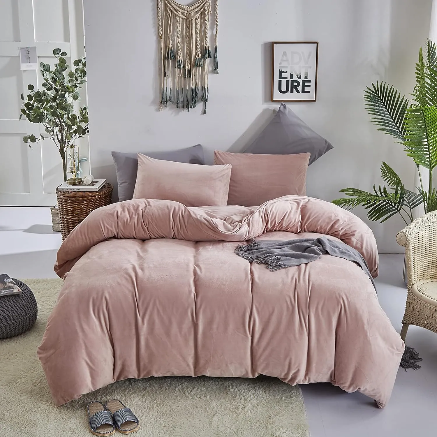 Pureant Pink Velvet Comforter Sets King Women Girls Blush Pink Fluffy Bedding Comforters Adults Teens Cute Dusty Pink Winter Quilts Solid Light Red Flannel Quilt Bean Pink Micromink Sherpa Plush Bed