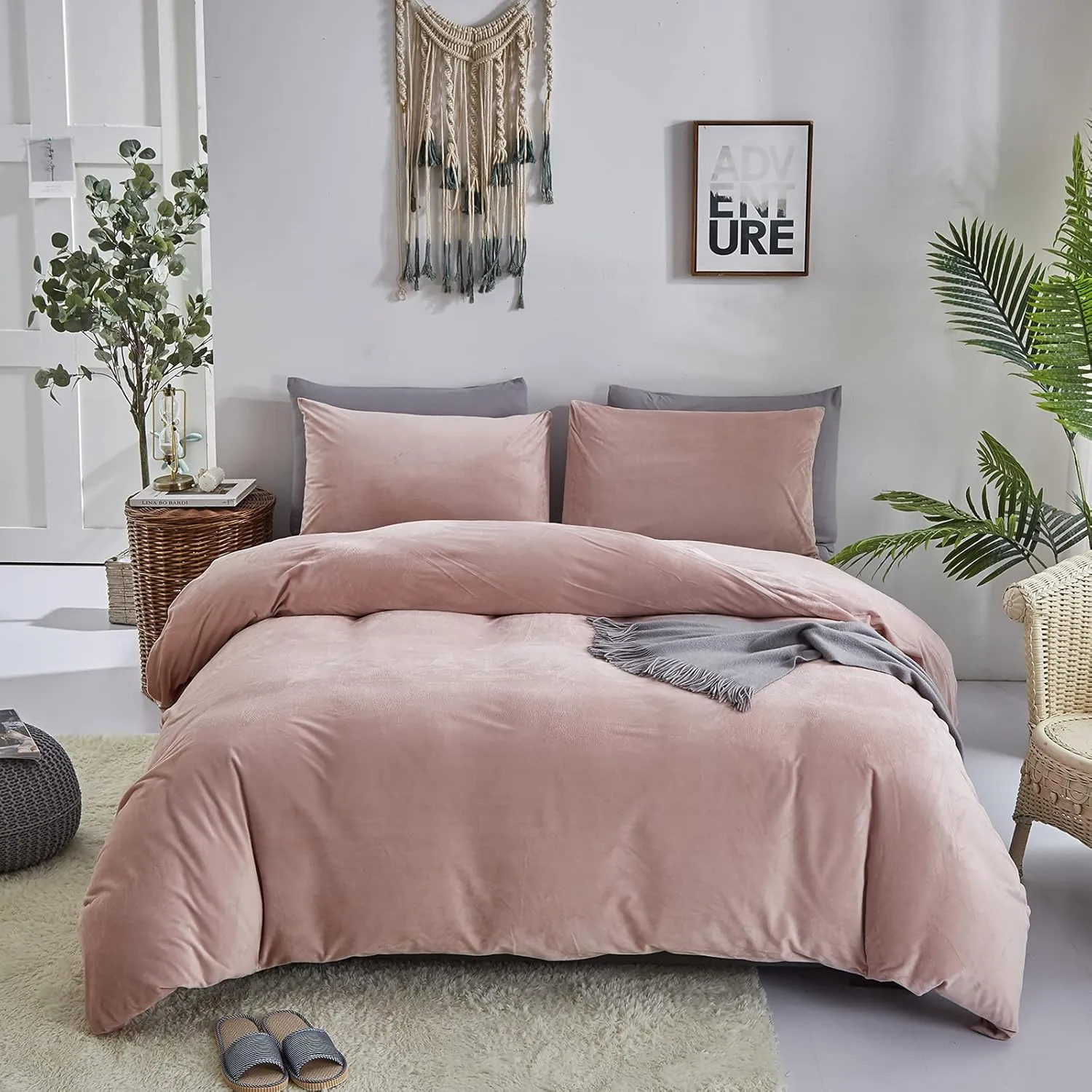 Pureant Pink Velvet Comforter Sets King Women Girls Blush Pink Fluffy Bedding Comforters Adults Teens Cute Dusty Pink Winter Quilts Solid Light Red Flannel Quilt Bean Pink Micromink Sherpa Plush Bed
