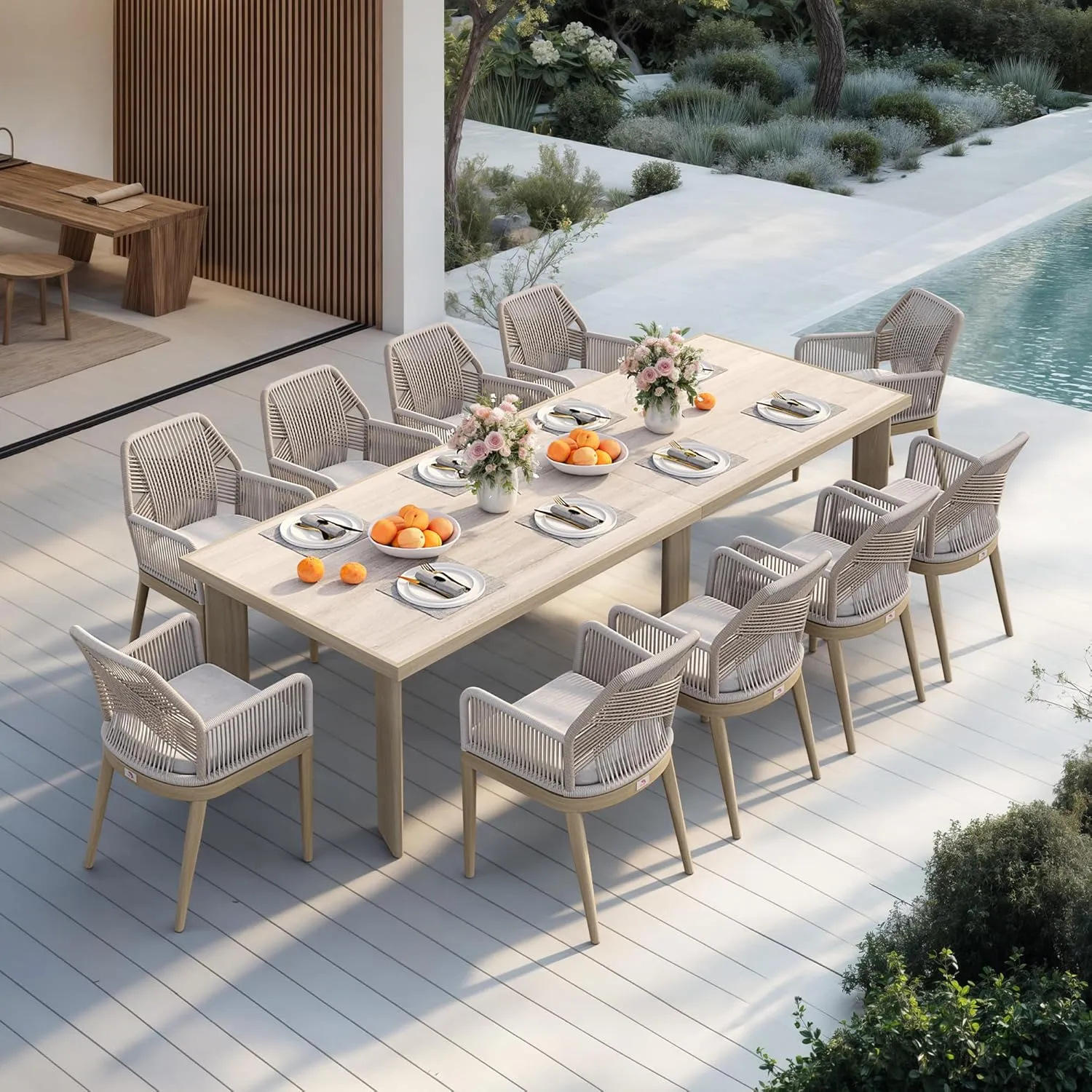 PURPLE LEAF 11 Pieces Patio Dining Set Aluminum Modern Rectangular Table and Rattan Arm Chairs with Cushions for Kitchen Porch Garden Outdoor Furniture Sets, Champagne