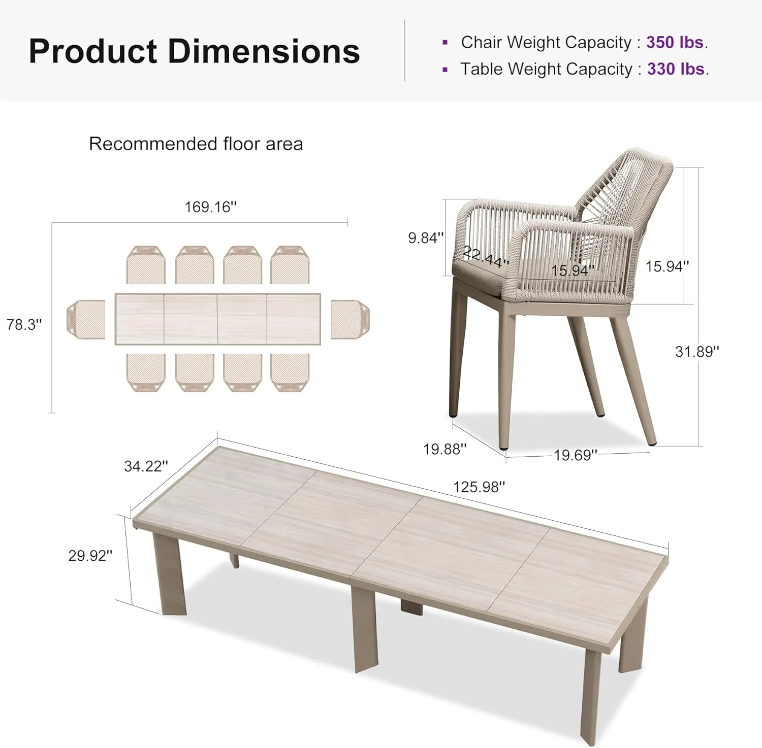 PURPLE LEAF 11 Pieces Patio Dining Set Aluminum Modern Rectangular Table and Rattan Arm Chairs with Cushions for Kitchen Porch Garden Outdoor Furniture Sets, Champagne