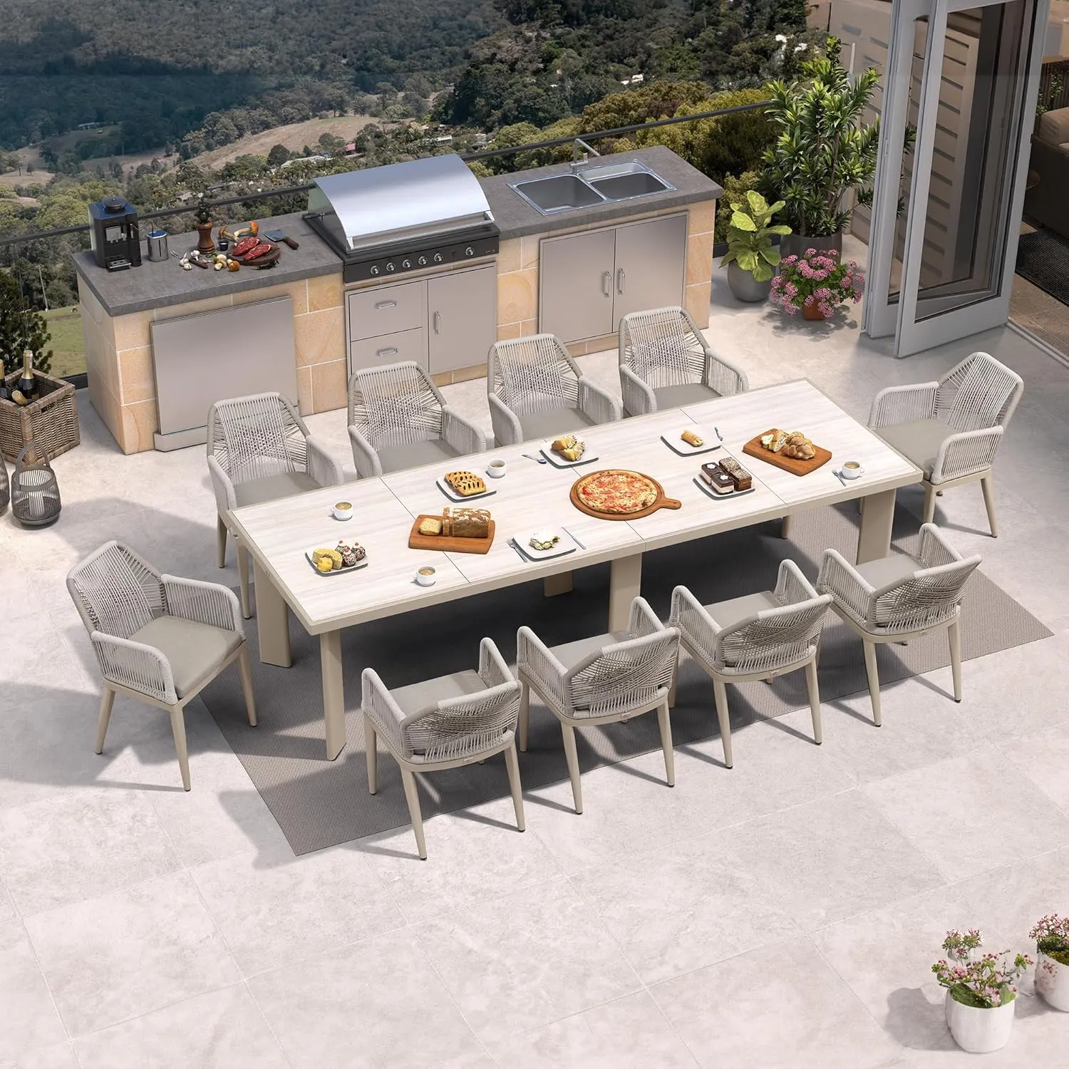 PURPLE LEAF 11 Pieces Patio Dining Set Aluminum Modern Rectangular Table and Rattan Arm Chairs with Cushions for Kitchen Porch Garden Outdoor Furniture Sets, Champagne