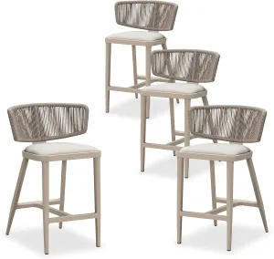 PURPLE LEAF 24.8'' Outdoor Counter Height Stools for 4 All-Weather Patio Aluminum Wicker Rattan Modern Barstools with Cotton Rope Back and Cushion for Balcony Garden Kitchen Indoor Champagne