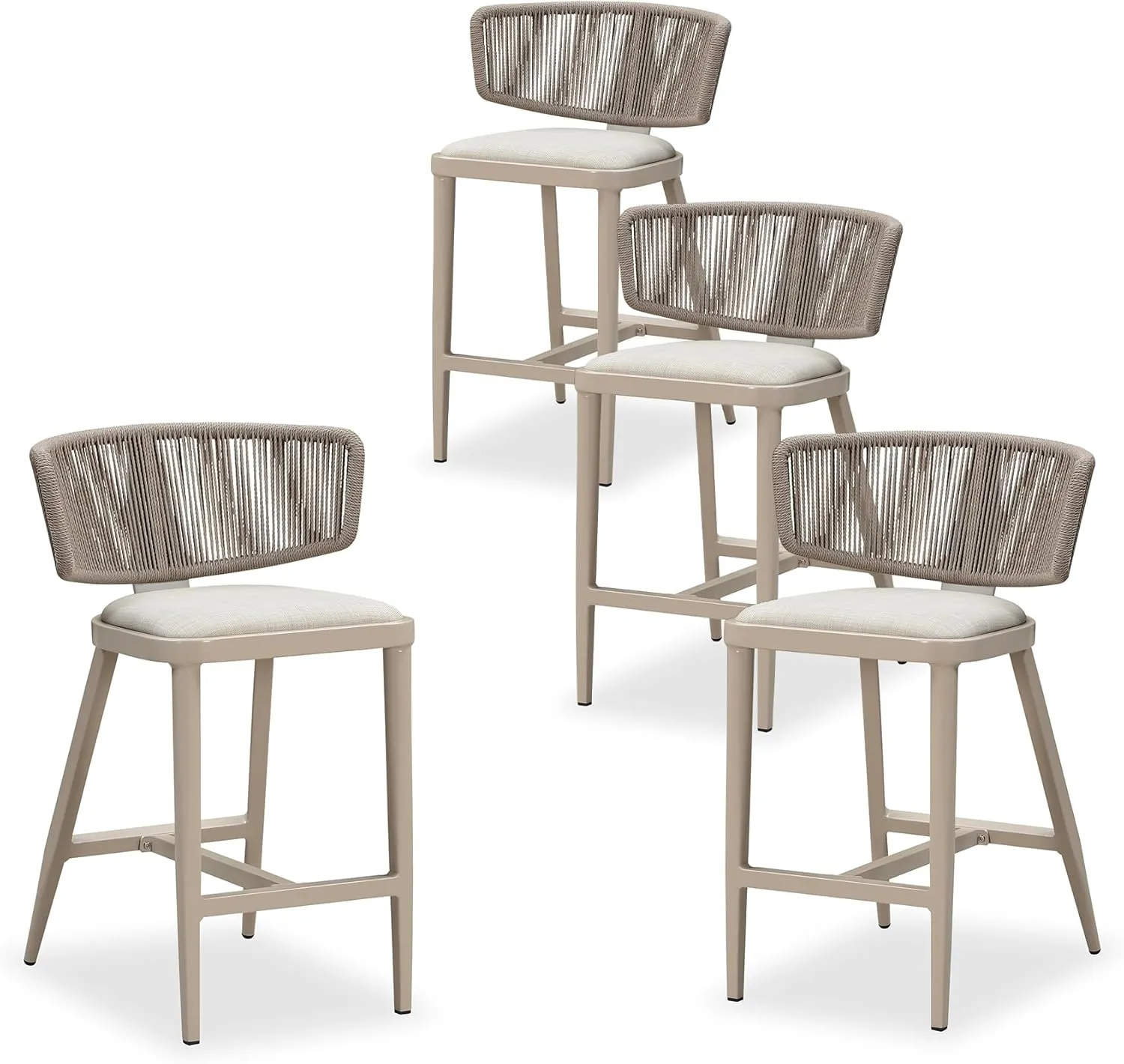 PURPLE LEAF 24.8'' Outdoor Counter Height Stools for 4 All-Weather Patio Aluminum Wicker Rattan Modern Barstools with Cotton Rope Back and Cushion for Balcony Garden Kitchen Indoor Champagne