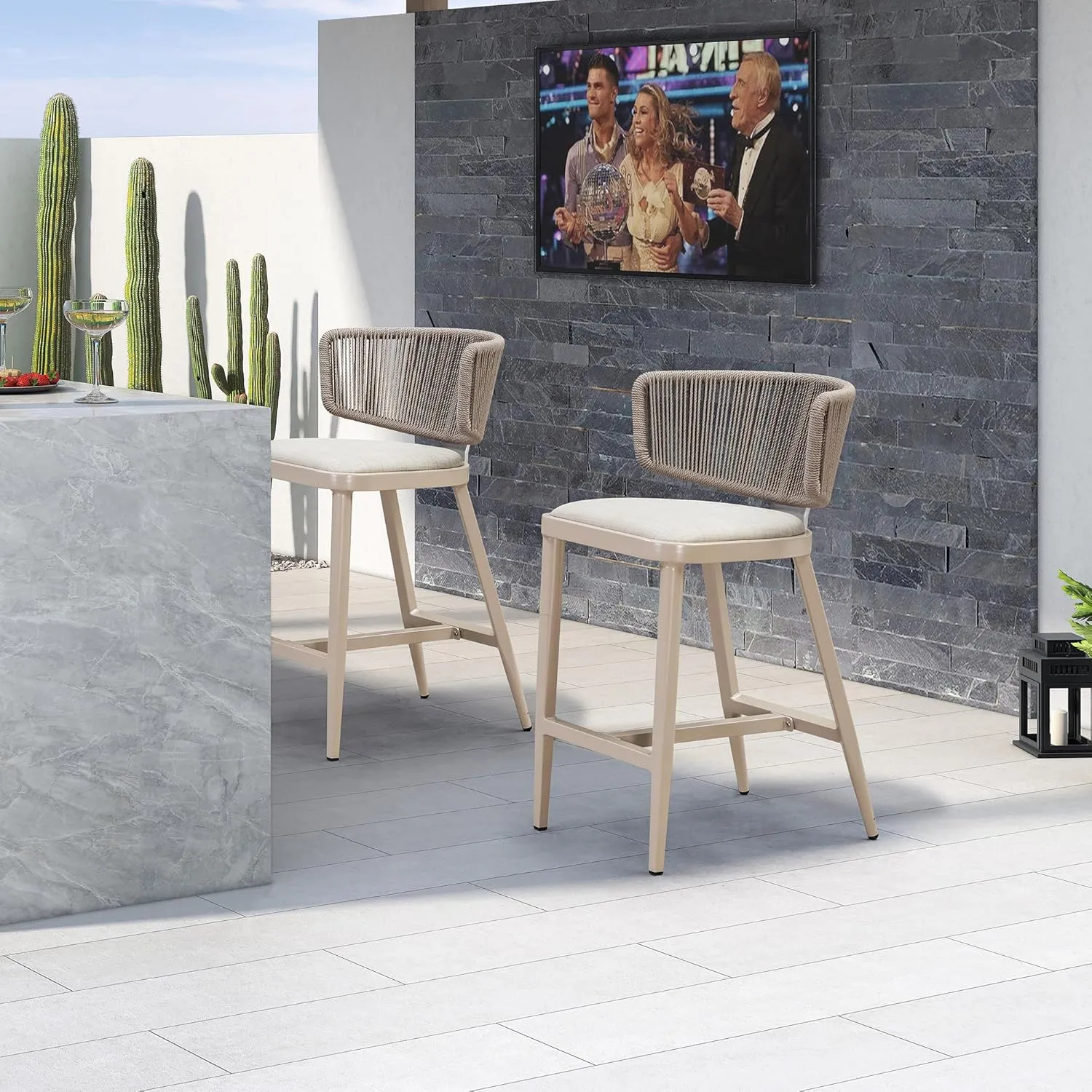 PURPLE LEAF 24.8'' Outdoor Counter Height Stools for 4 All-Weather Patio Aluminum Wicker Rattan Modern Barstools with Cotton Rope Back and Cushion for Balcony Garden Kitchen Indoor Champagne