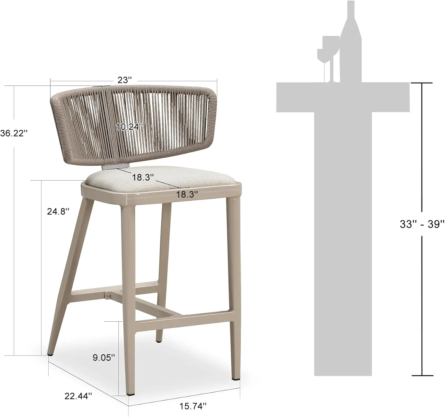 PURPLE LEAF 24.8'' Outdoor Counter Height Stools for 4 All-Weather Patio Aluminum Wicker Rattan Modern Barstools with Cotton Rope Back and Cushion for Balcony Garden Kitchen Indoor Champagne