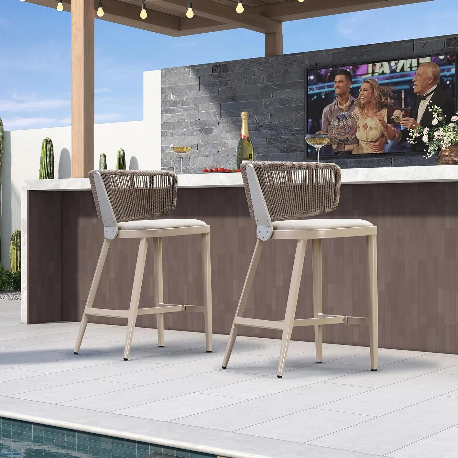 PURPLE LEAF 24.8'' Outdoor Counter Height Stools for 4 All-Weather Patio Aluminum Wicker Rattan Modern Barstools with Cotton Rope Back and Cushion for Balcony Garden Kitchen Indoor Champagne
