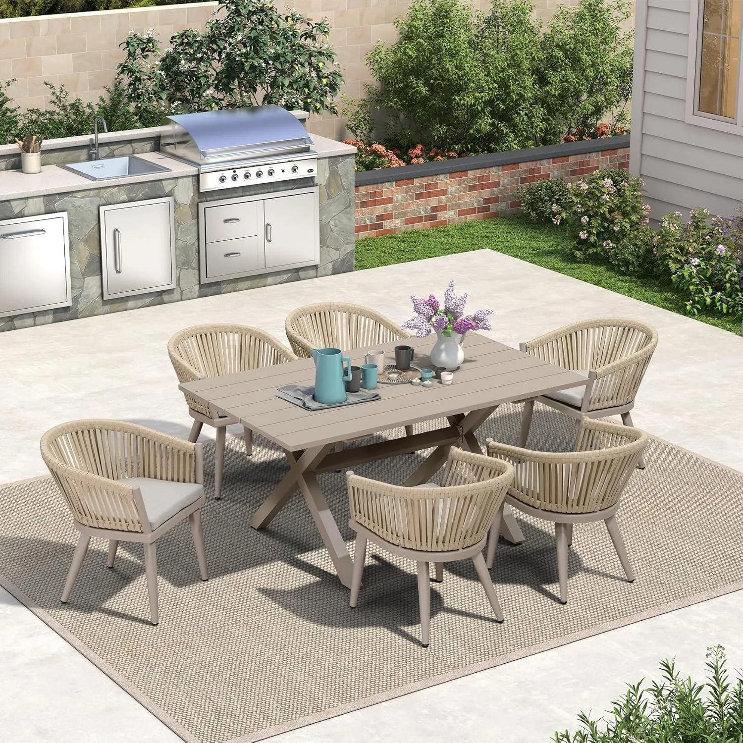 PURPLE LEAF 7 Pieces Outdoor Dining Set with Patio Aluminium Dining Table and Wicker Rattan Chairs Modern Furniture Cushions Sets for Backyard Indoor Decor Kitchen Champagne