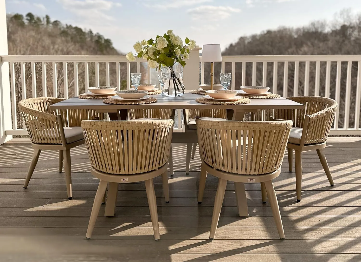 PURPLE LEAF 7 Pieces Outdoor Dining Set with Patio Aluminium Dining Table and Wicker Rattan Chairs Modern Furniture Cushions Sets for Backyard Indoor Decor Kitchen Champagne