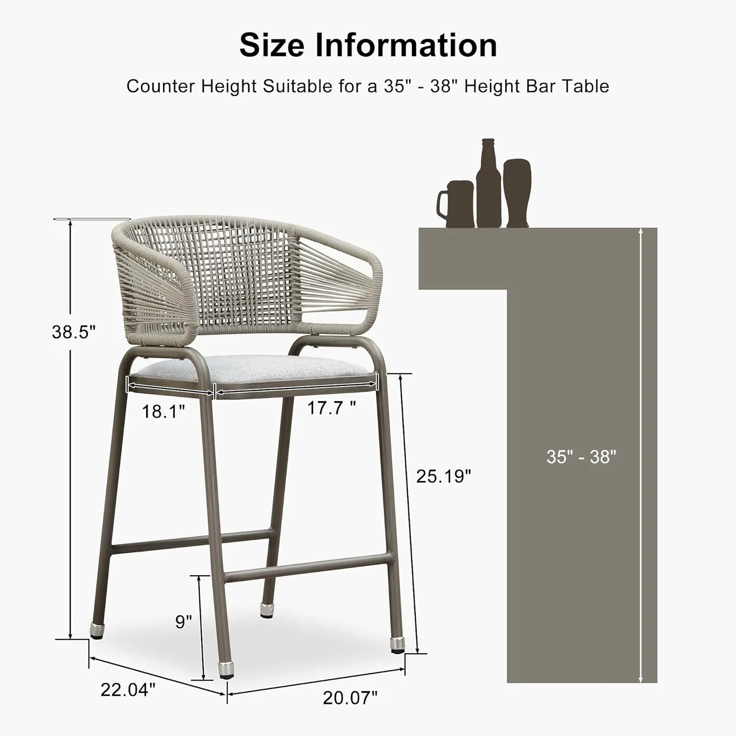 PURPLE LEAF Outdoor 26 Inch Rattan Counter Height Bar Stools Set of 2 Modern Patio Metal Wicker Aluminum Woven Counter Bar Chairs with Wraparound Back with Armrest for Kitchen Garden Indoor Champagne