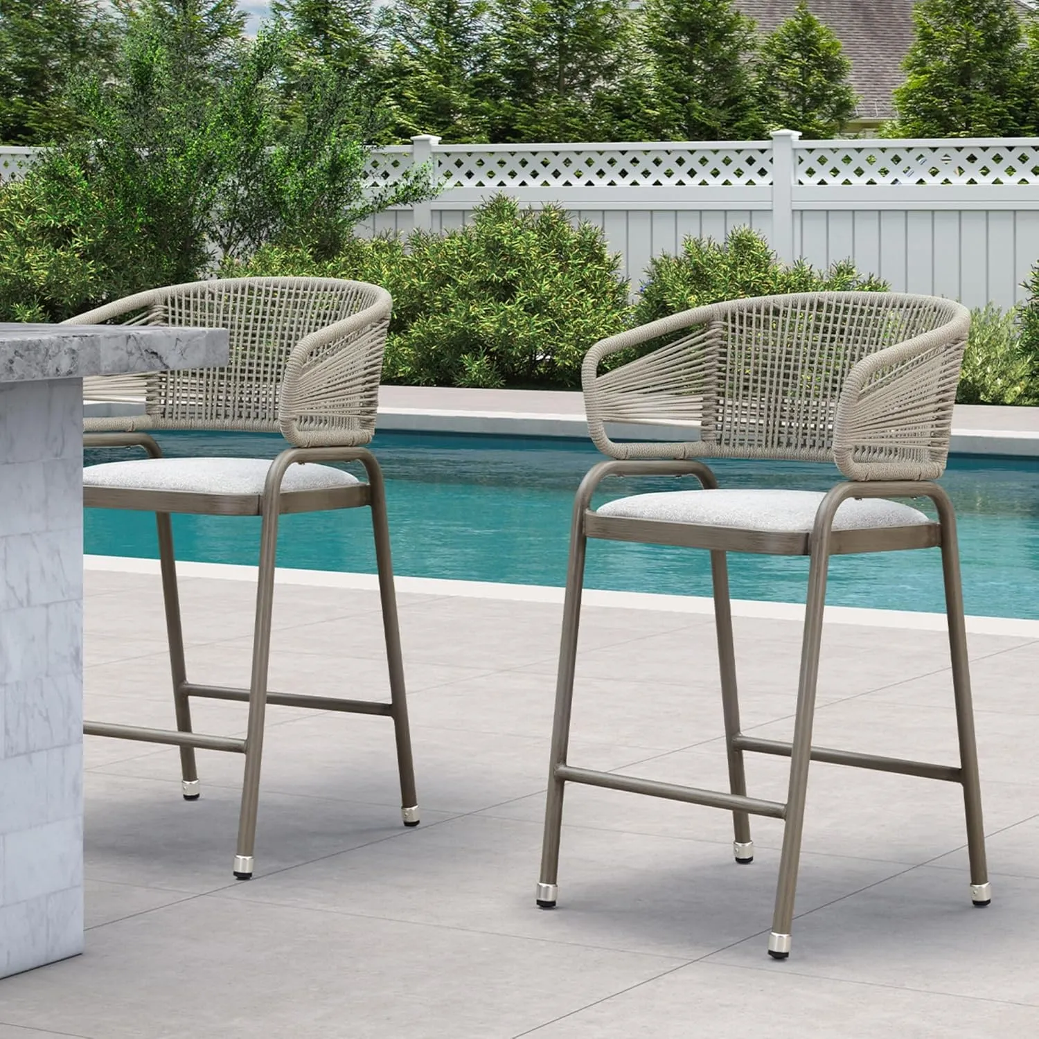 PURPLE LEAF Outdoor 26 Inch Rattan Counter Height Bar Stools Set of 2 Modern Patio Metal Wicker Aluminum Woven Counter Bar Chairs with Wraparound Back with Armrest for Kitchen Garden Indoor Champagne