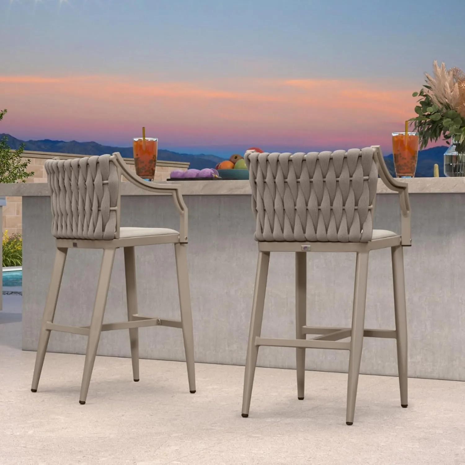 PURPLE LEAF Outdoor Bar Stool Patio Height Chair Aluminum Frame Bar Chair with Cushion and Back for Indoor Kitchen and Garden Use, Champagne