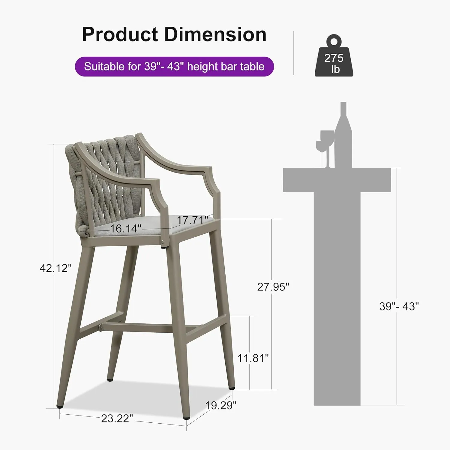 PURPLE LEAF Outdoor Bar Stool Patio Height Chair Aluminum Frame Bar Chair with Cushion and Back for Indoor Kitchen and Garden Use, Champagne