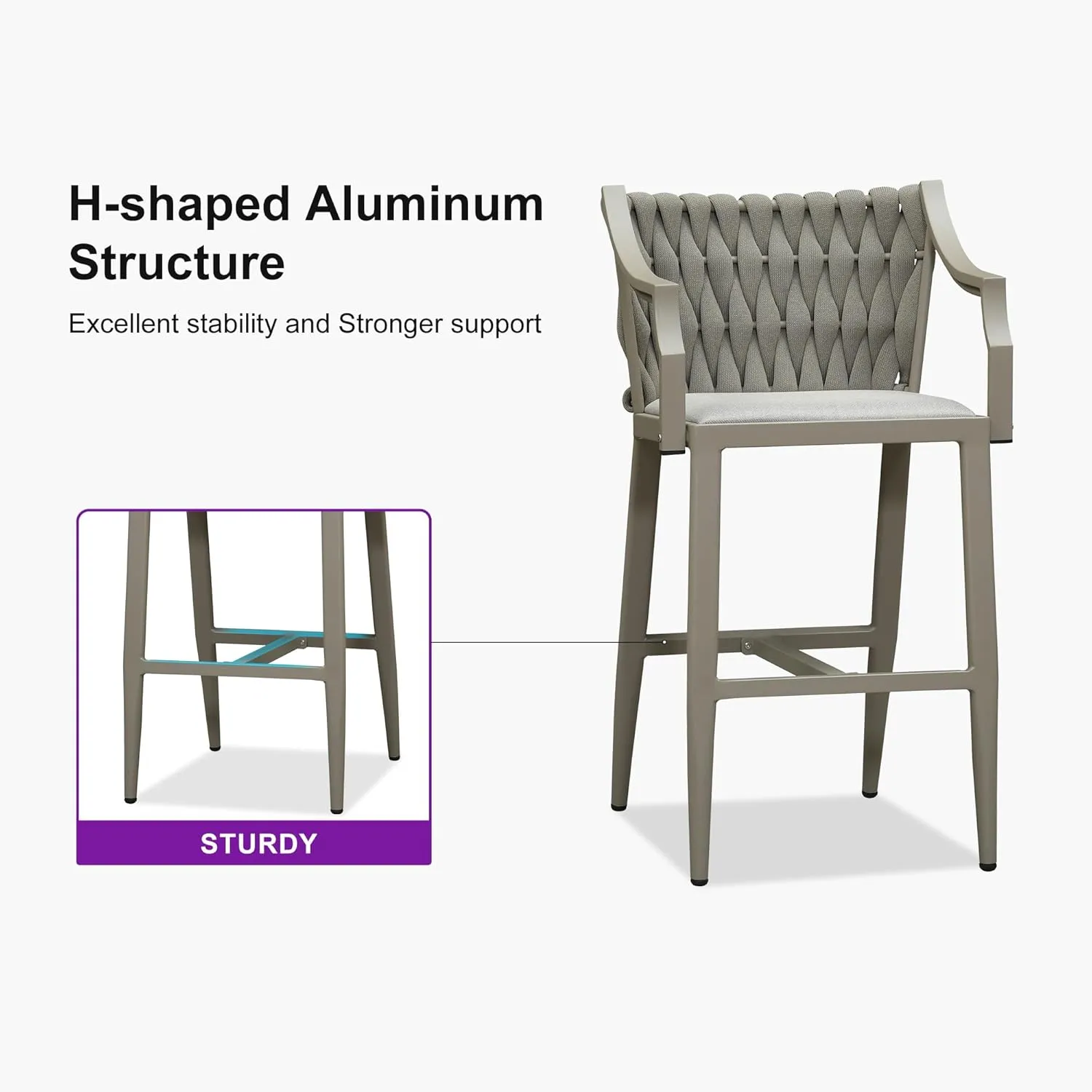 PURPLE LEAF Outdoor Bar Stool Patio Height Chair Aluminum Frame Bar Chair with Cushion and Back for Indoor Kitchen and Garden Use, Champagne