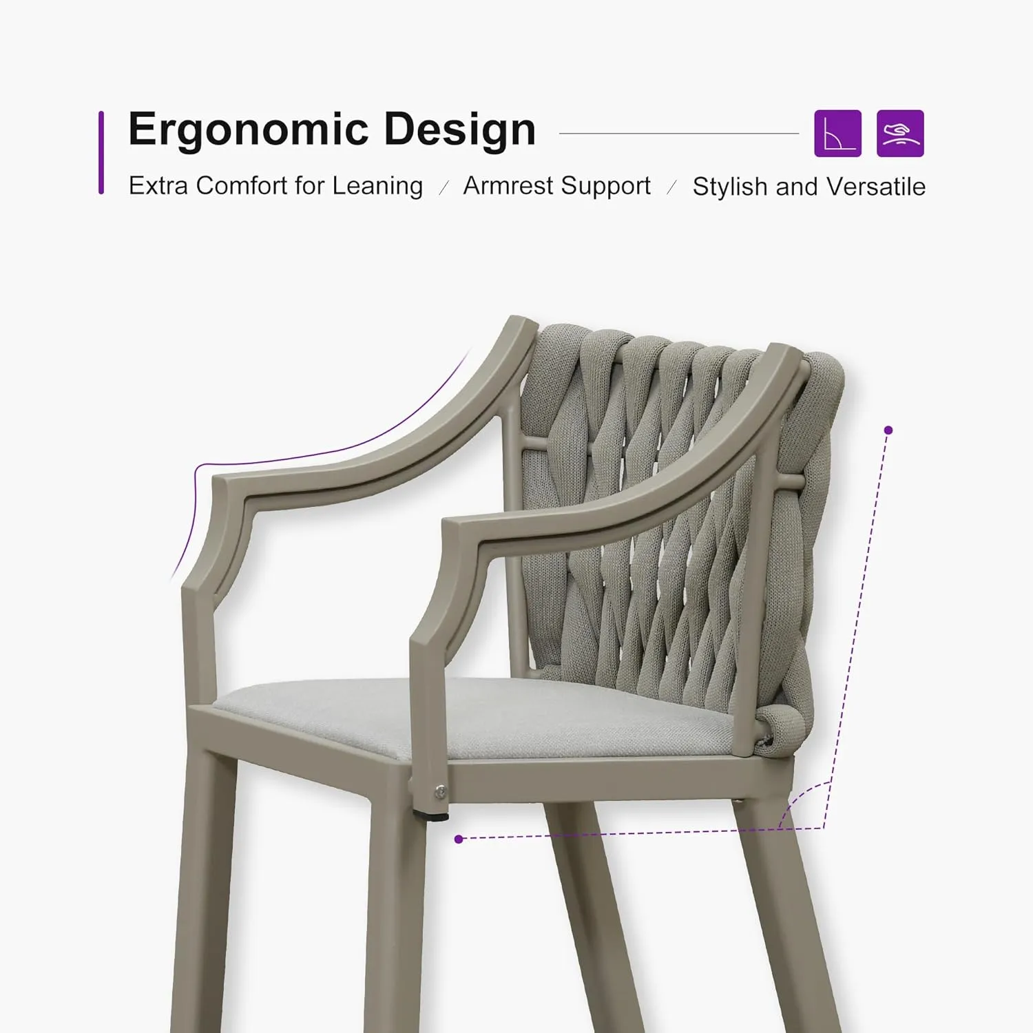 PURPLE LEAF Outdoor Bar Stool Patio Height Chair Aluminum Frame Bar Chair with Cushion and Back for Indoor Kitchen and Garden Use, Champagne