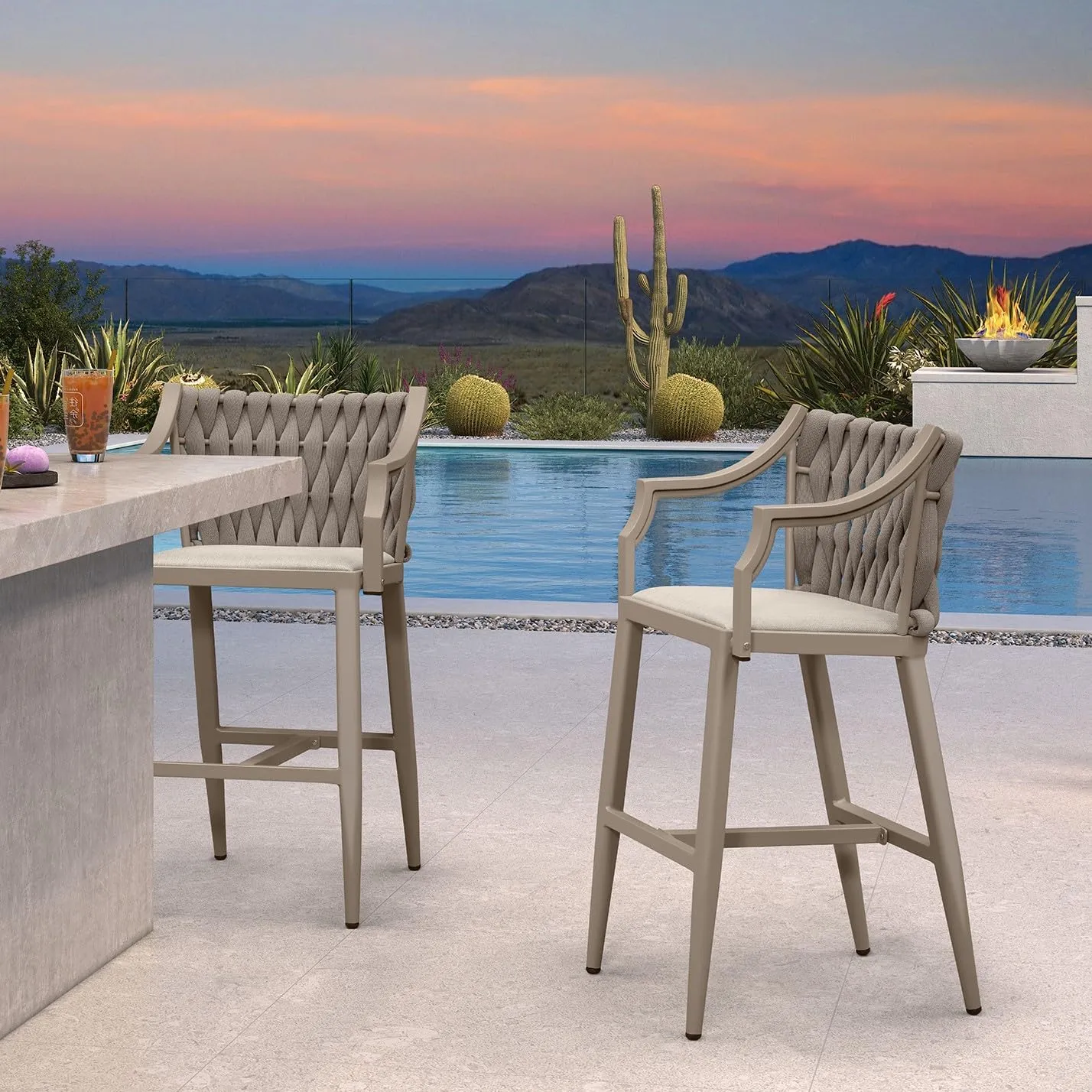 PURPLE LEAF Outdoor Bar Stool Patio Height Chair Aluminum Frame Bar Chair with Cushion and Back for Indoor Kitchen and Garden Use, Champagne