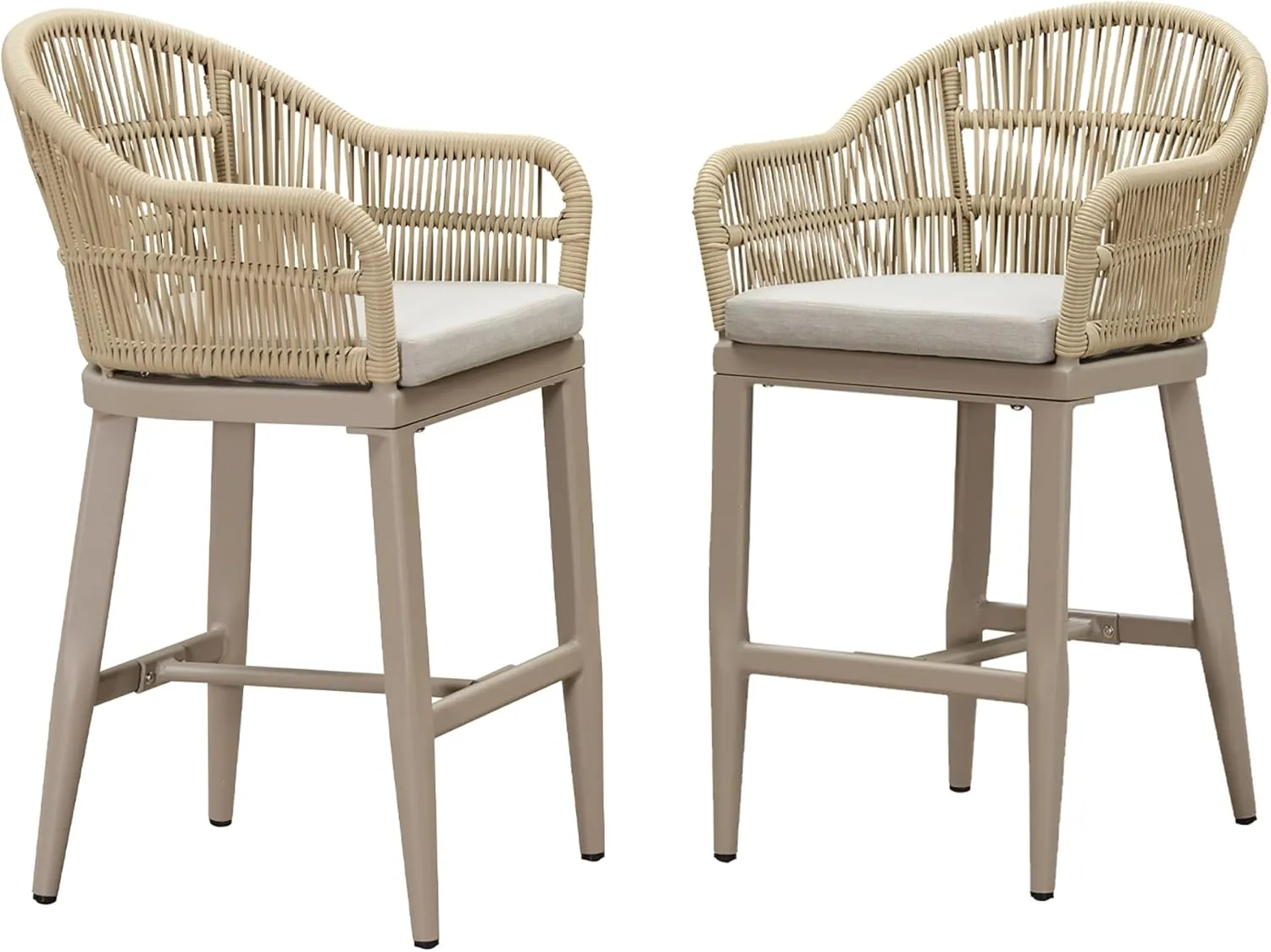 PURPLE LEAF Outdoor Counter Height Bar Stools Set of 2 Patio Metal Modern Wicker Rattan Bar Chairs Woven Aluminum Barstools with Back and Cushions for Balcony Garden Indoor Kitchen Outside Champagne