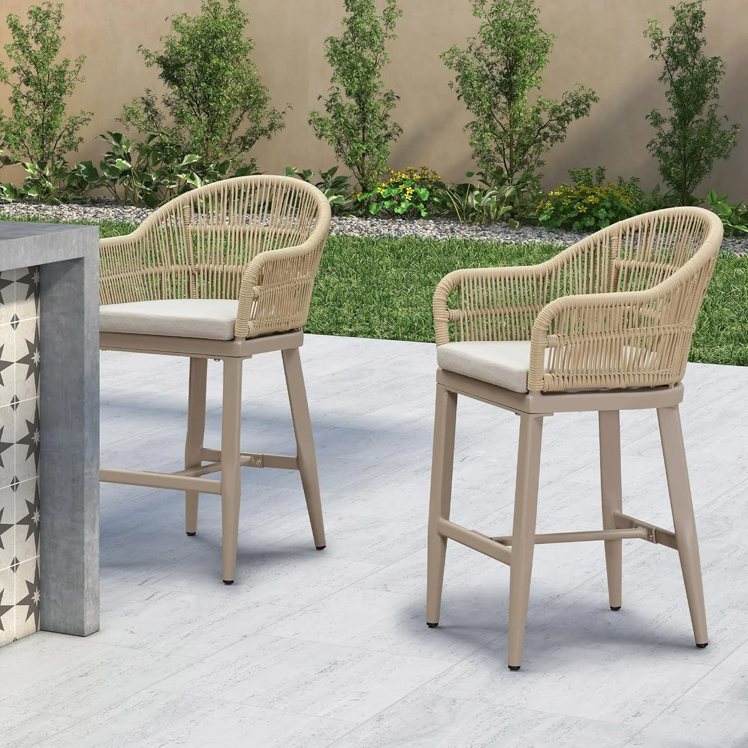 PURPLE LEAF Outdoor Counter Height Bar Stools Set of 2 Patio Metal Modern Wicker Rattan Bar Chairs Woven Aluminum Barstools with Back and Cushions for Balcony Garden Indoor Kitchen Outside Champagne