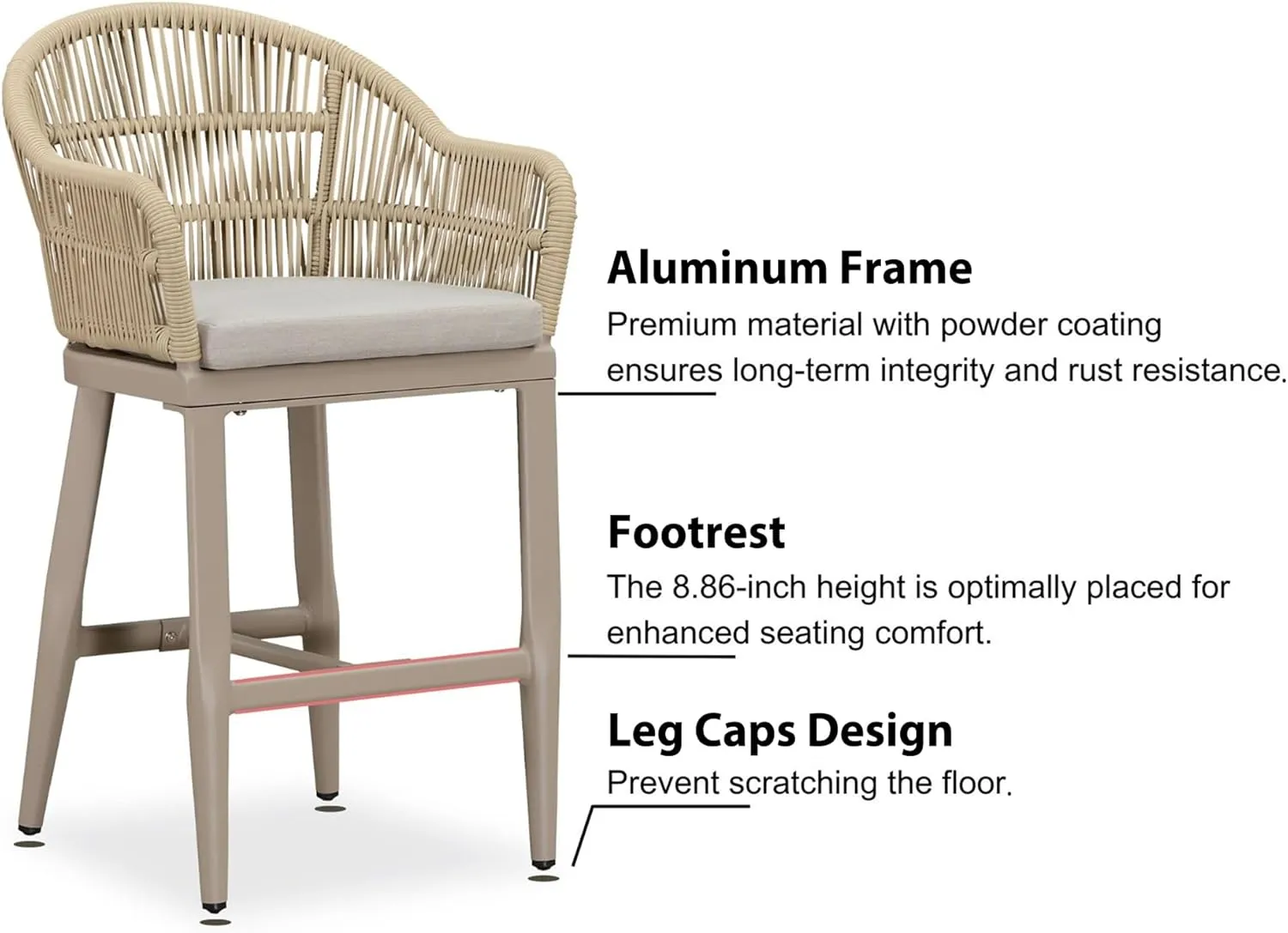 PURPLE LEAF Outdoor Counter Height Bar Stools Set of 2 Patio Metal Modern Wicker Rattan Bar Chairs Woven Aluminum Barstools with Back and Cushions for Balcony Garden Indoor Kitchen Outside Champagne