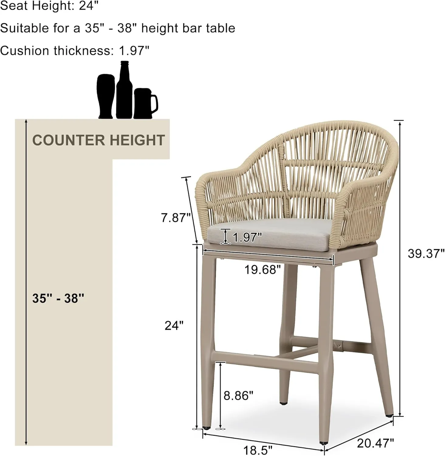 PURPLE LEAF Outdoor Counter Height Bar Stools Set of 2 Patio Metal Modern Wicker Rattan Bar Chairs Woven Aluminum Barstools with Back and Cushions for Balcony Garden Indoor Kitchen Outside Champagne