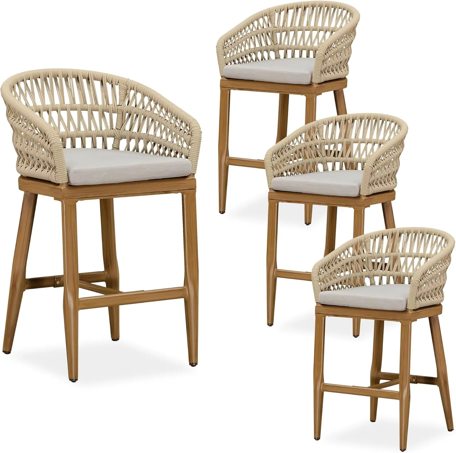 PURPLE LEAF Outdoor Rattan 24" Counter Height Bar Stools Set of 4, Aluminum Bar Chair Patio Barstool Modern Upholstered with Backrest for Indoor and Outdoor Set, Kitchen Island, Teak