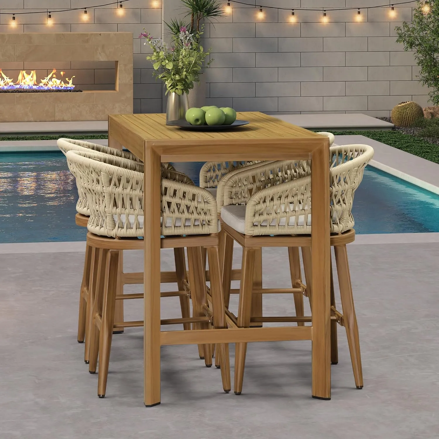 PURPLE LEAF Outdoor Rattan 24" Counter Height Bar Stools Set of 4, Aluminum Bar Chair Patio Barstool Modern Upholstered with Backrest for Indoor and Outdoor Set, Kitchen Island, Teak