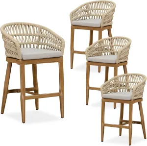PURPLE LEAF Outdoor Rattan 24" Counter Height Bar Stools Set of 4, Aluminum Bar Chair Patio Barstool Modern Upholstered with Backrest for Indoor and Outdoor Set, Kitchen Island, Teak