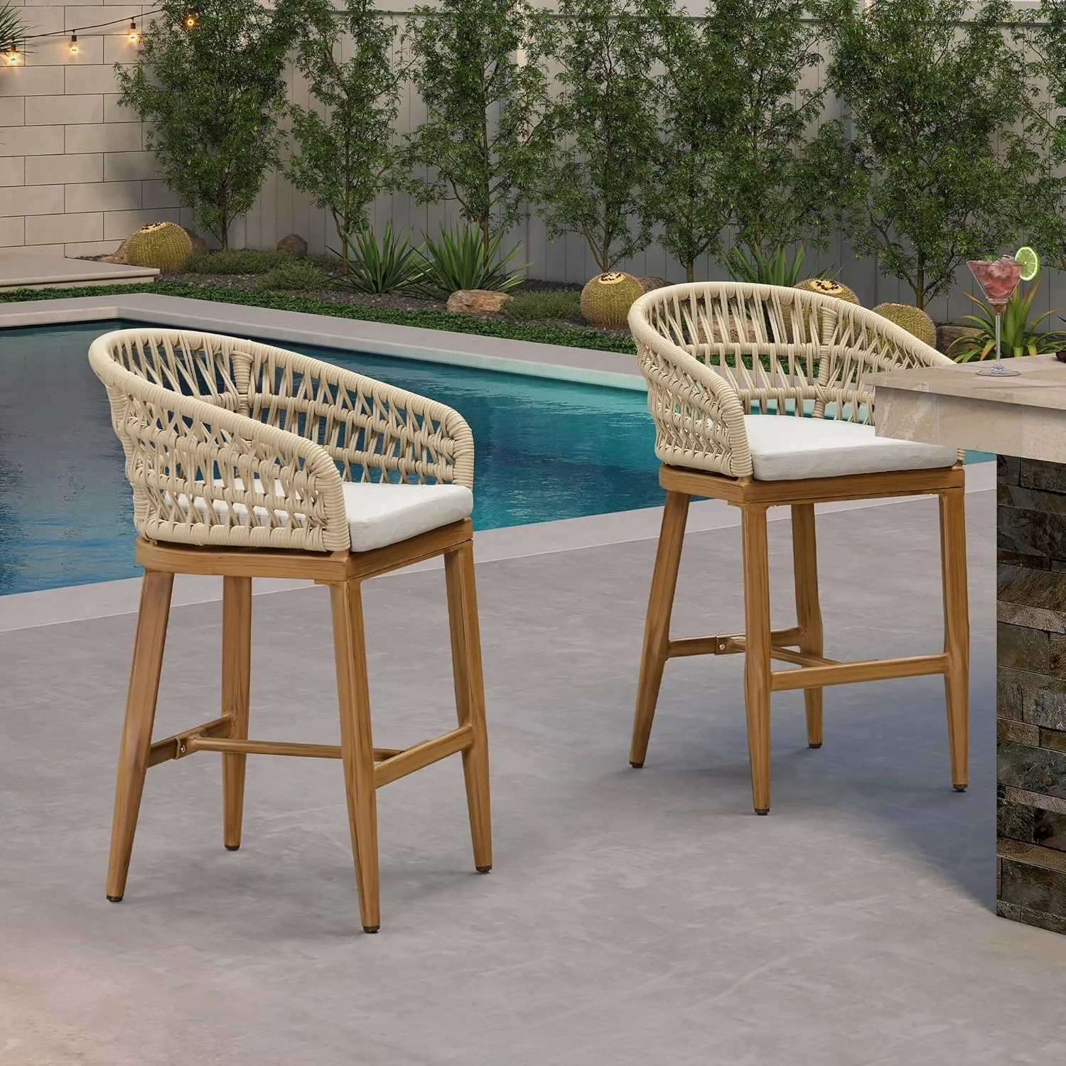 PURPLE LEAF Outdoor Rattan 24" Counter Height Bar Stools Set of 4, Aluminum Bar Chair Patio Barstool Modern Upholstered with Backrest for Indoor and Outdoor Set, Kitchen Island, Teak