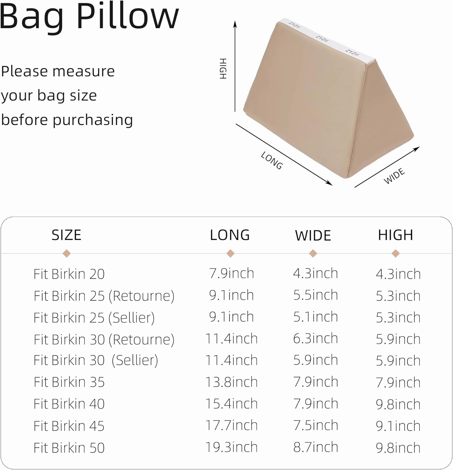 Purse Pillow for Birkin 20/25/30/35/40/45/50,Memory Foam Shaper Insert,Silky Bag Pillow for Luxury Handbag Tote（Champagne,BK50）
