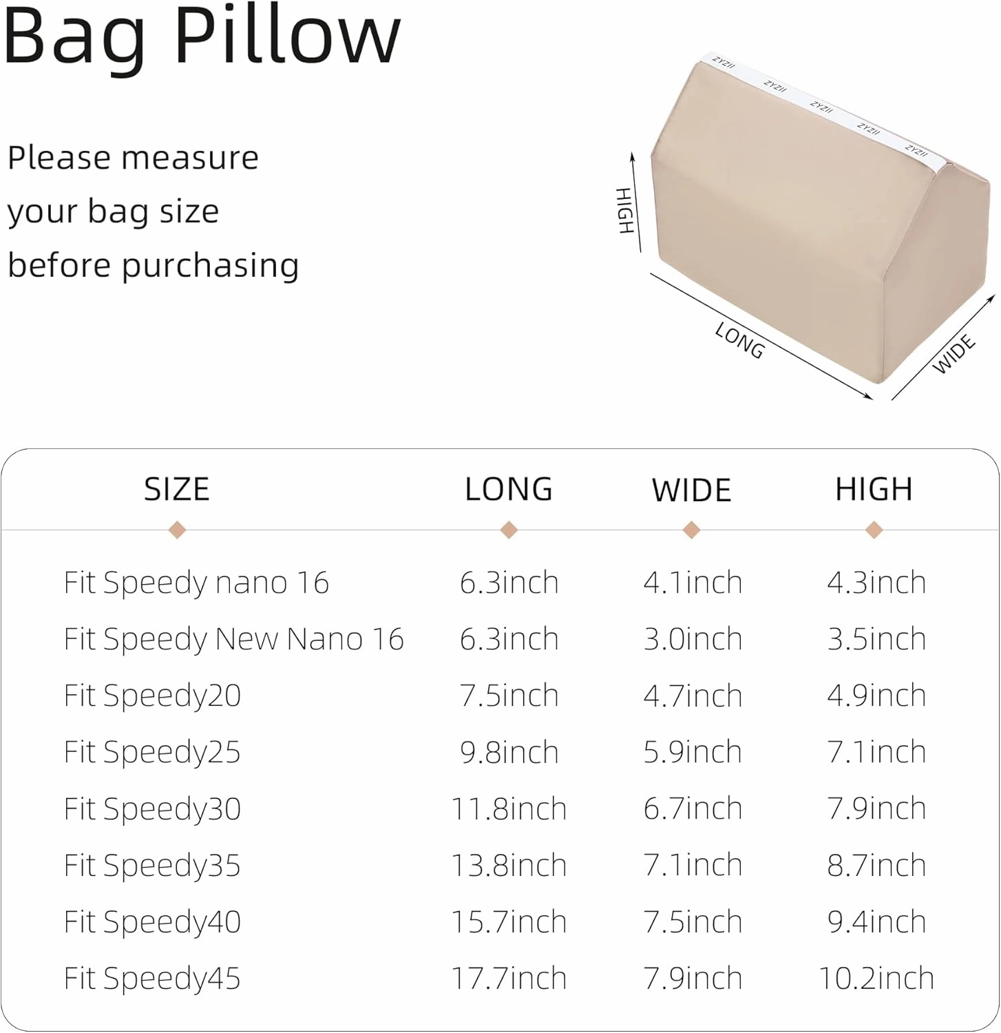 Purse Pillow for LV Speedy Nano16/20/25/30/35/45,Memory Foam Shaper Insert,Silky Bag Pillow for Luxury Handbag Tote(Speedy45,Champagne)