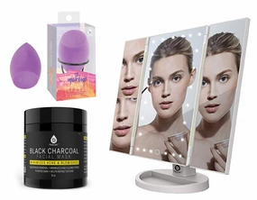Pursonic Tri-Fold Vanity Makeup Mirror With 24 Natural Dimmable LED Lights Includes A Facial Makeup Blender Sponge With Display Stand And Black Charcoal Facial Mask 8oz