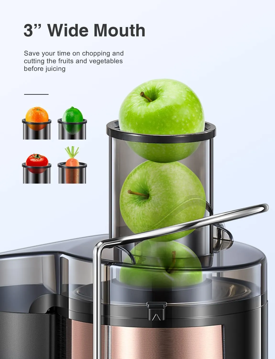 QCen Juicer Machine, 500W Centrifugal Juicer Extractor with Wide Mouth 3” Feed Chute for Fruit Vegetable, Easy to Clean, Stainless Steel, BPA-free (Rose Gold)