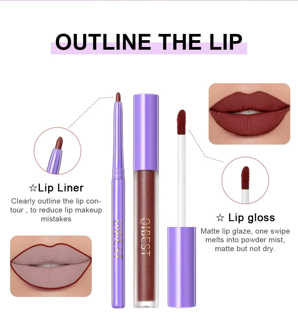 QiBest new non-stick cup non-fading multi-color lip gloss gift set retouching moisturizing non-sticky nude lipstick liner matte liquid long-lasting color lipstick high-efficiency high-gloss (grey)
