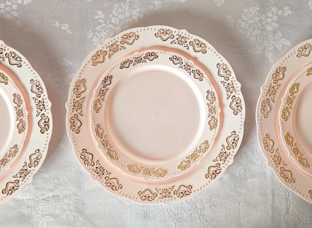 " OCCASIONS " 150 Piece set (25 Guests) Vintage Wedding Party Disposable Dinnerware Set Plastic Plates 10.25'', 7.5''  Silverware w/double fork (Portofino Light Pink & Gold, Gold Silverware)
