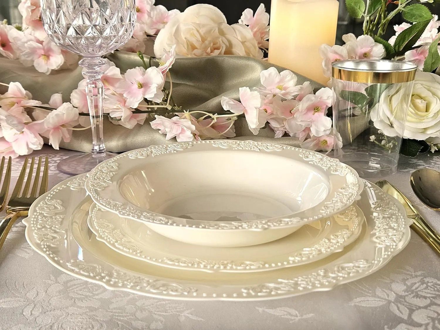 " OCCASIONS " 150 Piece set (25 Guests) Vintage Wedding Party Disposable Dinnerware Set Plastic Plates 10.25'', 7.5''  Silverware w/double fork (Portofino Light Pink & Gold, Gold Silverware)