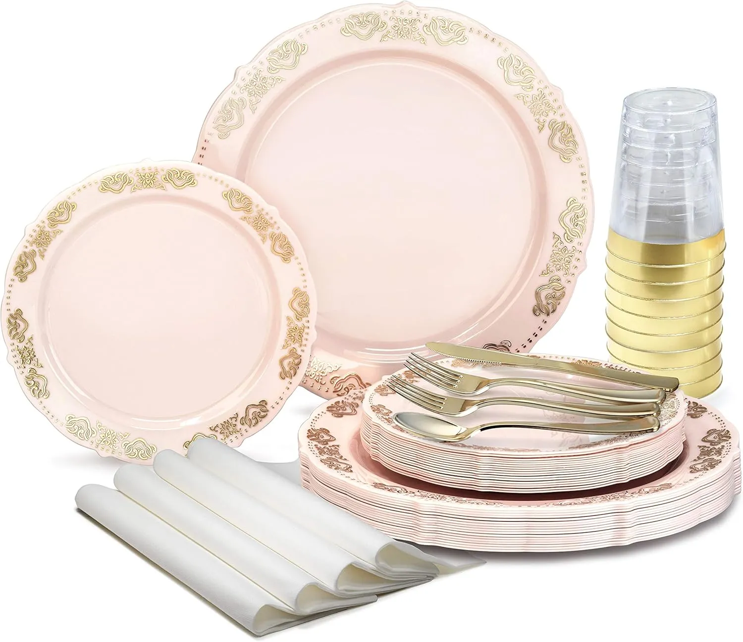 " OCCASIONS " 150 Piece set (25 Guests) Vintage Wedding Party Disposable Dinnerware Set Plastic Plates 10.25'', 7.5''  Silverware w/double fork (Portofino Light Pink & Gold, Gold Silverware)