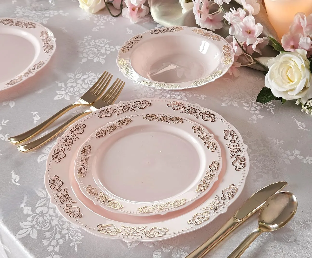 " OCCASIONS " 150 Piece set (25 Guests) Vintage Wedding Party Disposable Dinnerware Set Plastic Plates 10.25'', 7.5''  Silverware w/double fork (Portofino Light Pink & Gold, Gold Silverware)