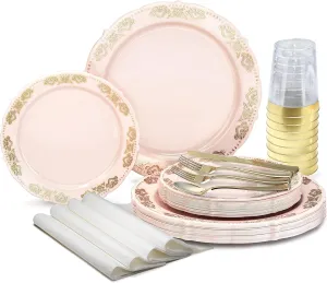 " OCCASIONS " 150 Piece set (25 Guests) Vintage Wedding Party Disposable Dinnerware Set Plastic Plates 10.25'', 7.5''  Silverware w/double fork (Portofino Light Pink & Gold, Gold Silverware)