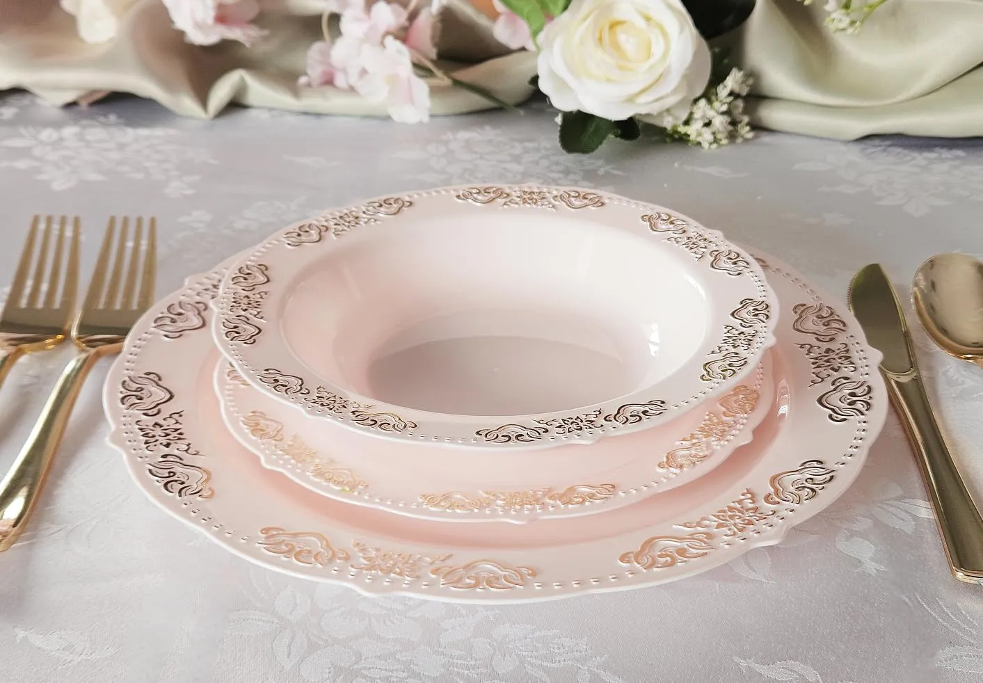 " OCCASIONS " 150 Piece set (25 Guests) Vintage Wedding Party Disposable Dinnerware Set Plastic Plates 10.25'', 7.5''  Silverware w/double fork (Portofino Light Pink & Gold, Gold Silverware)