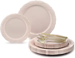 " OCCASIONS " 150 Piece set (25 Guests) Vintage Wedding Party Disposable Dinnerware Set Plastic Plates 10.25'', 7.5''   Silverware w/double fork (Portofino Light Pink, Gold Silverware)