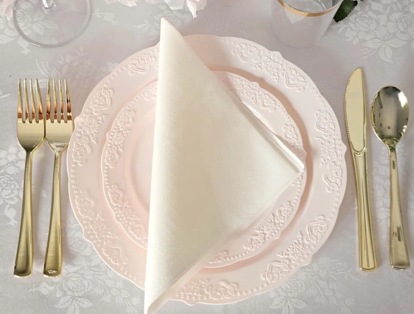 " OCCASIONS " 150 Piece set (25 Guests) Vintage Wedding Party Disposable Dinnerware Set Plastic Plates 10.25'', 7.5''   Silverware w/double fork (Portofino Light Pink, Gold Silverware)