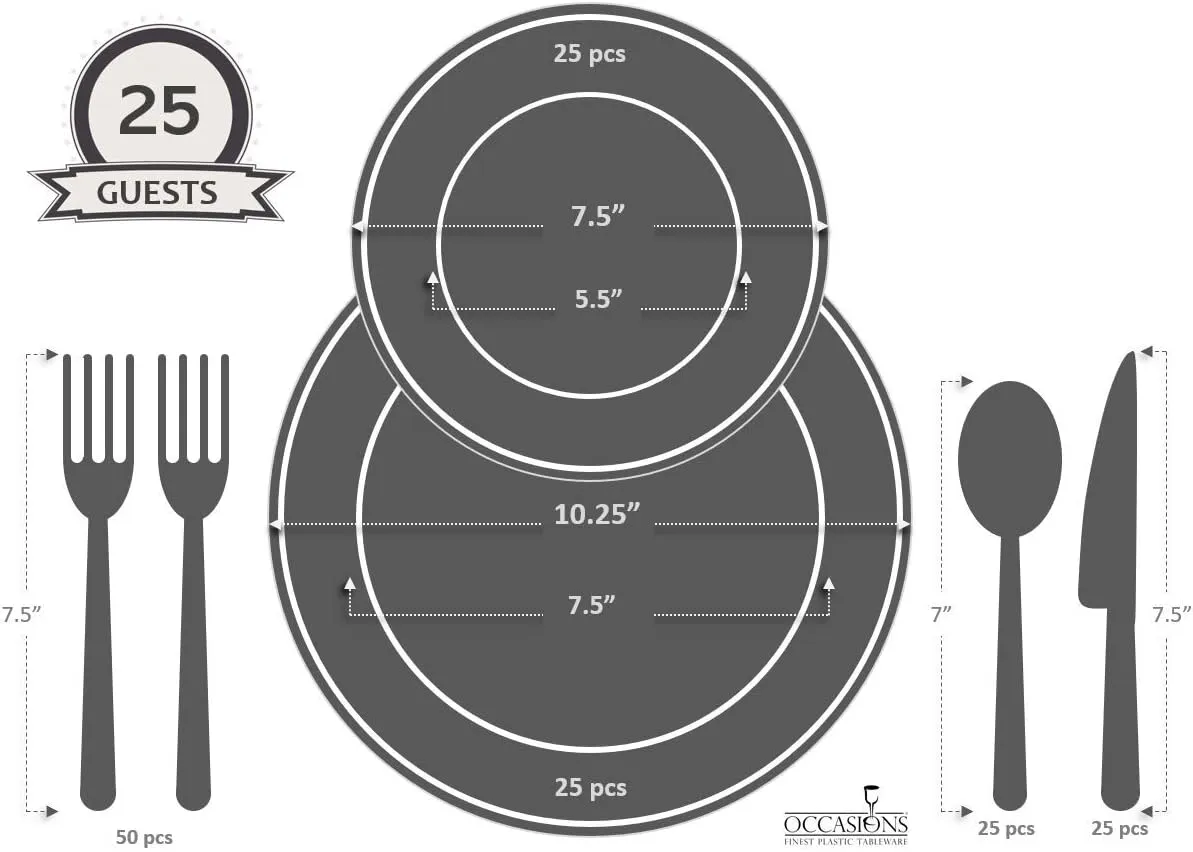 " OCCASIONS " 150 Piece set (25 Guests) Vintage Wedding Party Disposable Dinnerware Set Plastic Plates 10.25'', 7.5''   Silverware w/double fork (Portofino Light Pink, Gold Silverware)