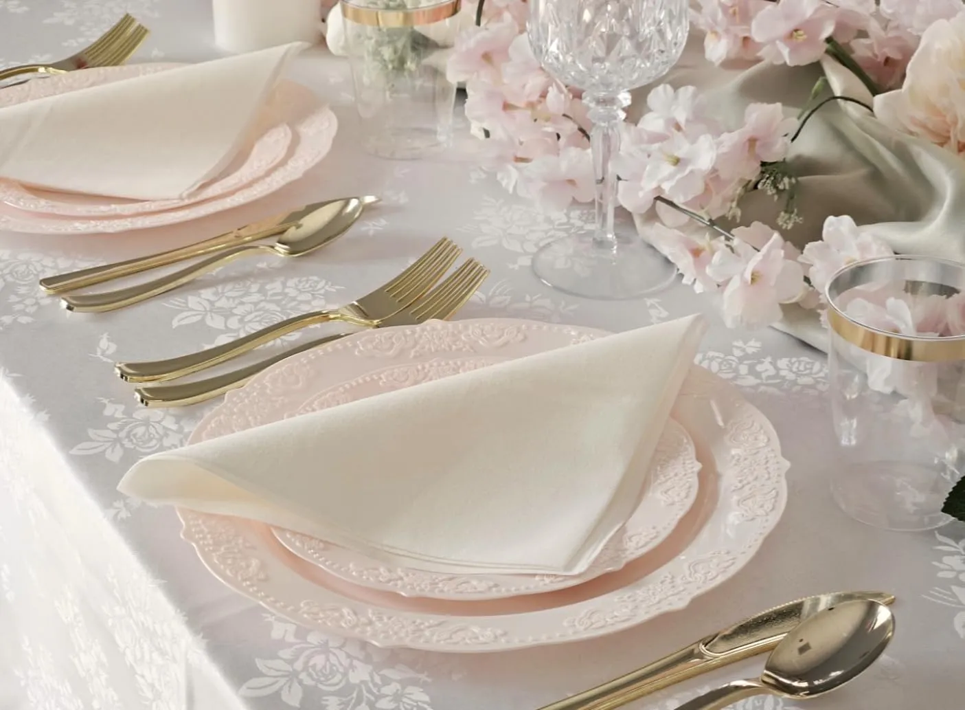 " OCCASIONS " 150 Piece set (25 Guests) Vintage Wedding Party Disposable Dinnerware Set Plastic Plates 10.25'', 7.5''   Silverware w/double fork (Portofino Light Pink, Gold Silverware)