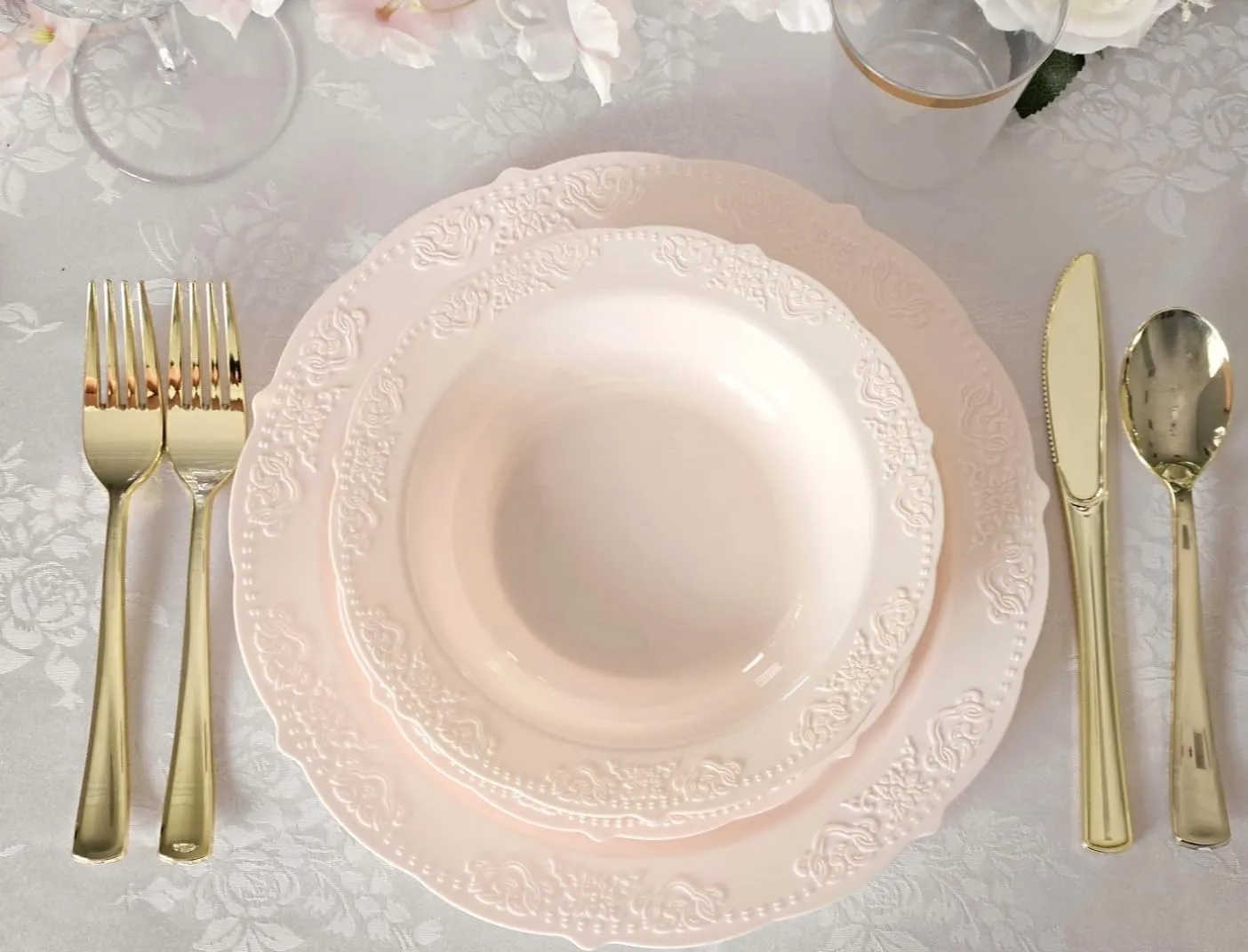 " OCCASIONS " 150 Piece set (25 Guests) Vintage Wedding Party Disposable Dinnerware Set Plastic Plates 10.25'', 7.5''   Silverware w/double fork (Portofino Light Pink, Gold Silverware)