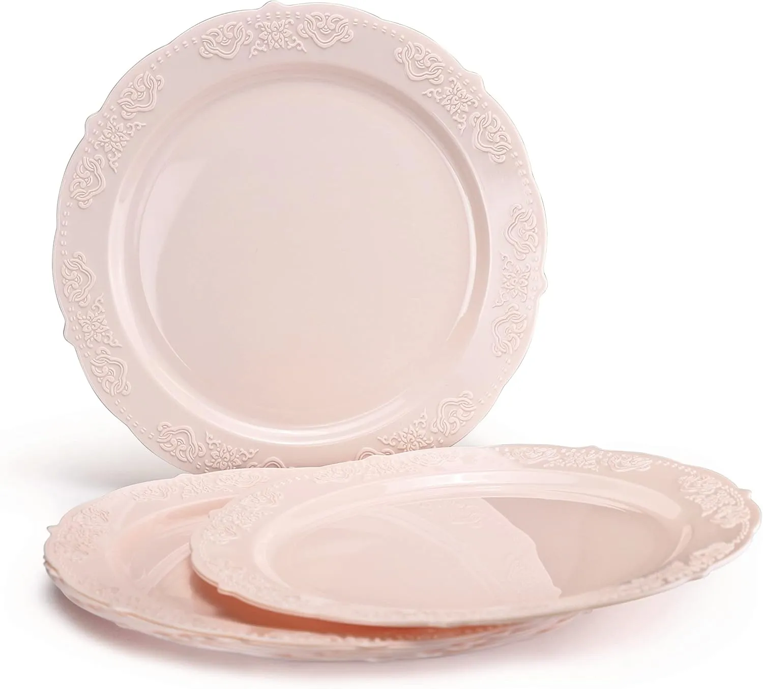 " OCCASIONS " 150 Piece set (25 Guests) Vintage Wedding Party Disposable Dinnerware Set Plastic Plates 10.25'', 7.5''   Silverware w/double fork (Portofino Light Pink, Gold Silverware)