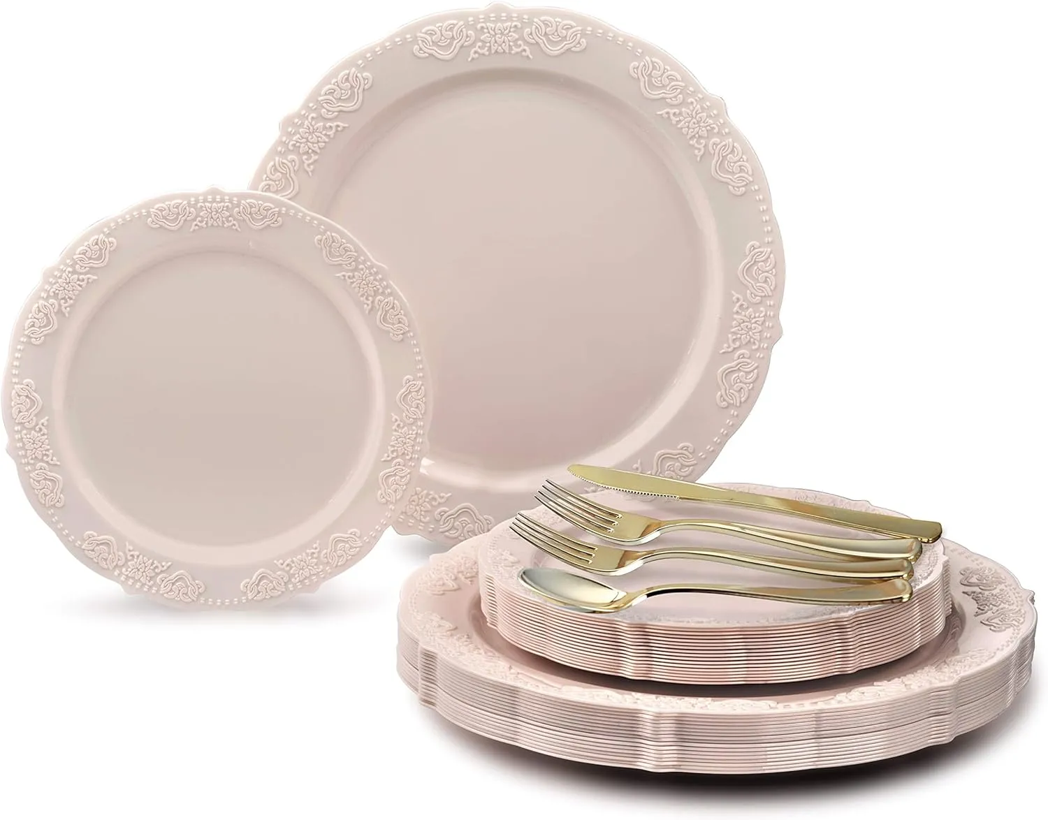 " OCCASIONS " 150 Piece set (25 Guests) Vintage Wedding Party Disposable Dinnerware Set Plastic Plates 10.25'', 7.5''   Silverware w/double fork (Portofino Light Pink, Gold Silverware)
